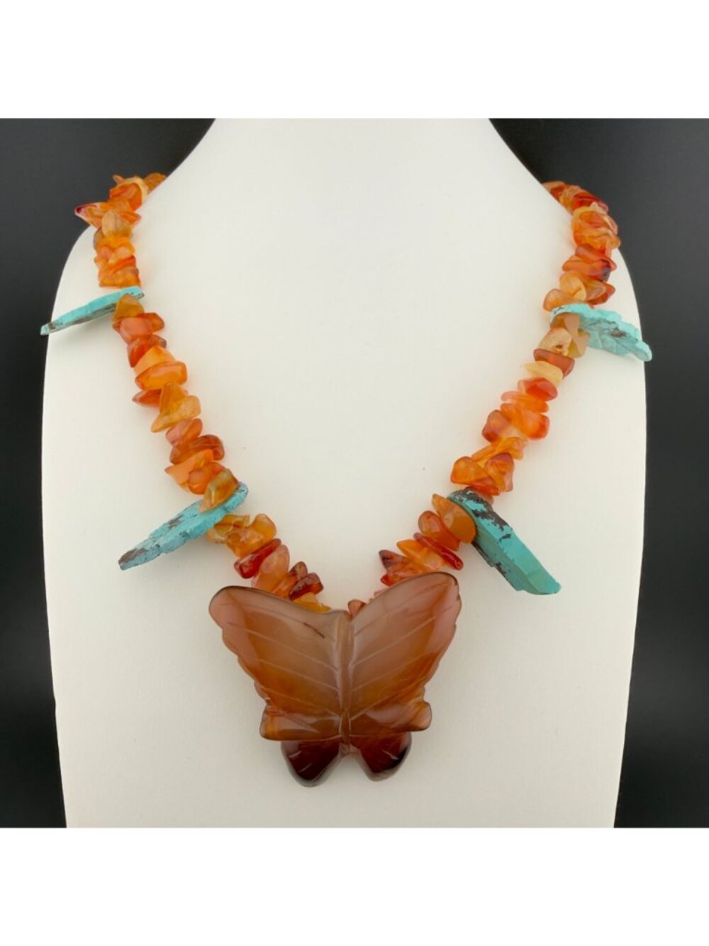 Vintage Carved Butterfly Stone Chip Pendant Necklace Southwestern Boho Statement - Picture 2 of 12